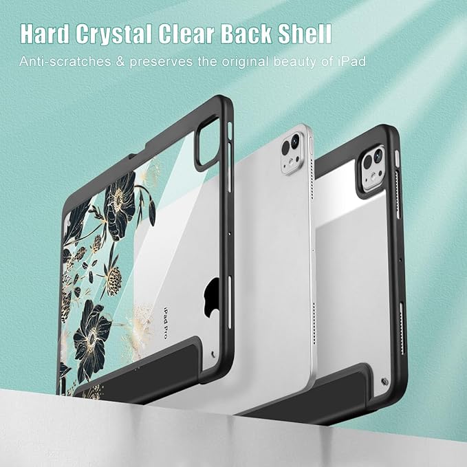 May Chen for iPad Pro 13 Inch Case M5 2025 / M4 2024, Built Pencil Holder & Clear Transparent Print Back Shell Slim Stand Shockproof Tablet Cover, Auto Wake/Sleep, Abstract Floral