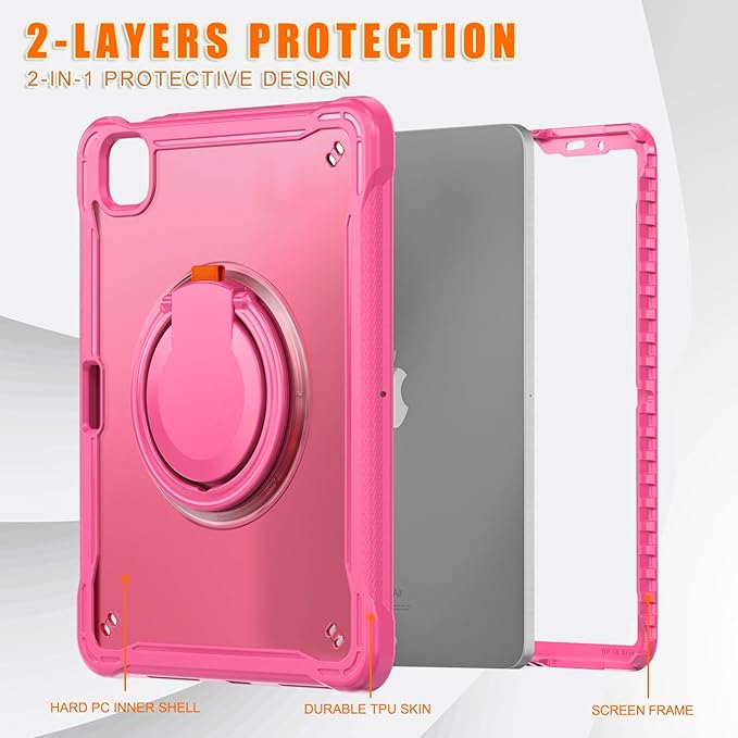 Batianda for iPad Pro 11 inch Case 2025 M5 2024 M4 Chip Lightweight Dual-Layer Protective Tablet Cover, Durable Shock-Absorbing Corners with 360° Rotating Kickstand Ring Built-in Pen Slot, Pink