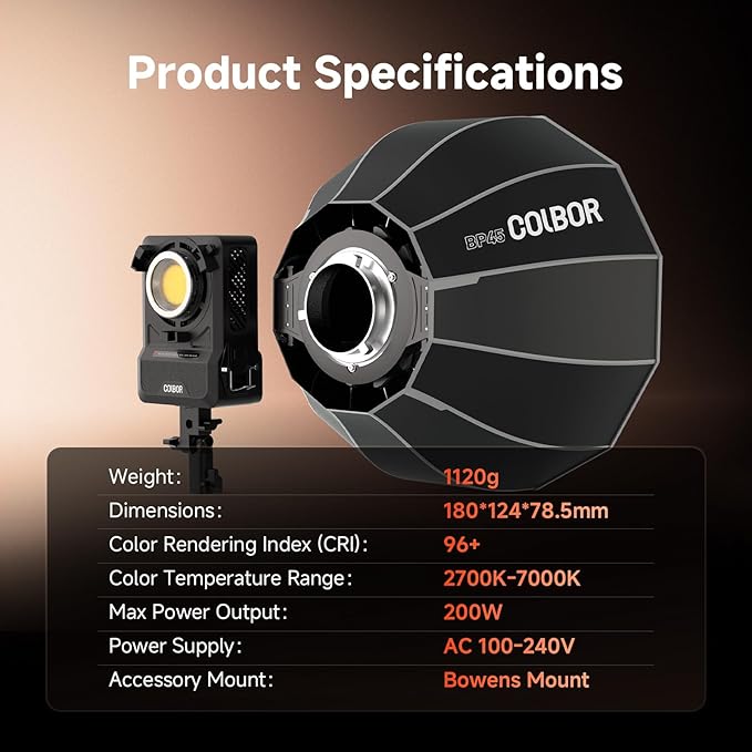 COLBOR 200W LED Video Light, Built-in Power Adapter Design, Bi-Color 2700K-7000K COB Studio Light with Bowens Mount, CRI 96+, Key Light for Live Streaming, Video Recording, YouTube, TikTok