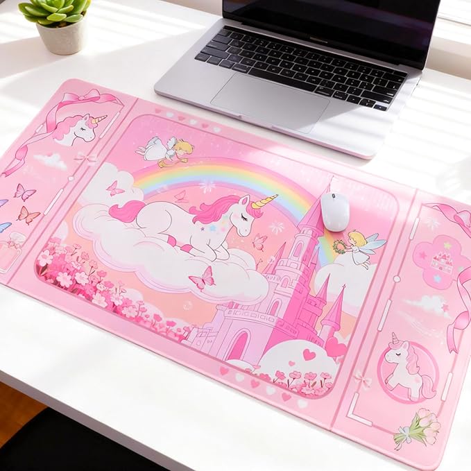PERFECTSIGHT Cute Unicorn Desk Pad Kawaii Dream Desk Mat, Large Gaming Mouse Pad, Funny Deskmat Mousepad, Laptop Keyboard Pad Office Home Decor for Women Girls, Light Pink