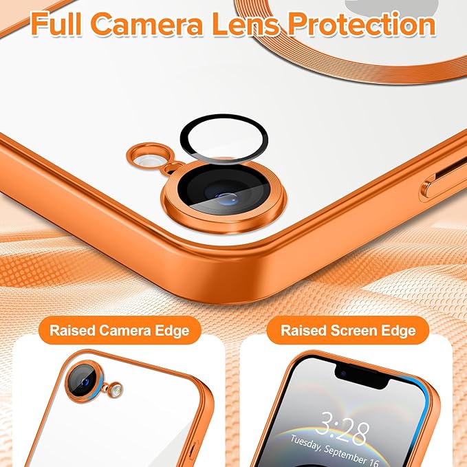 Hython Magnetic Clear for iPhone 16e Case with Camera Lens Protector [Compatible with MagSafe] Luxury Plating Edge Slim Soft TPU Cover Protective Phone Case for iPhone 16e 6.1", Matte Orange