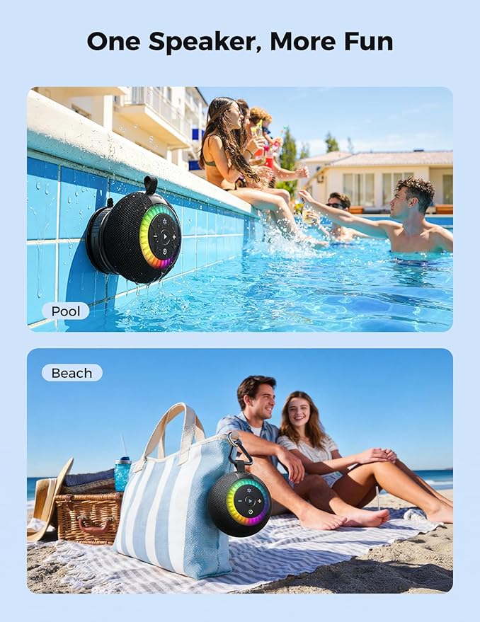 Shower Speaker Bluetooth Waterproof Portable: 360° Surround Sound, IPX7 Suction Cup Removable with Vacuum Exhaust Knob, RGB Lights, Beach/Pool/Camping/Kayak Essentials, Gifts for Mom Teens-Black