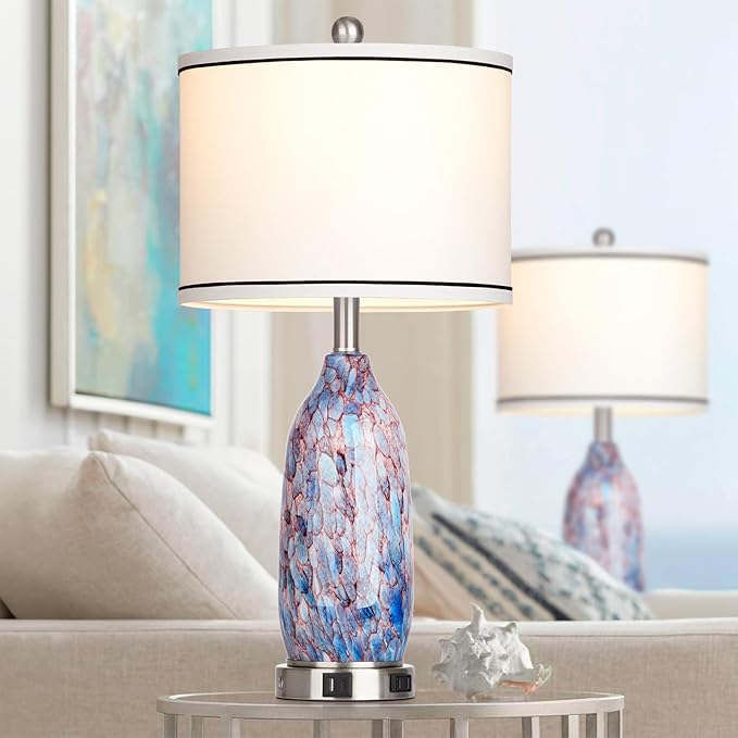 Rinweey 26" Coastal Glass Table Lamps Set of 2,Nautical lamp with USB A+C Ports & AC Outlet,Bule Bedside Lamps with 3-Way Dimmable Touch Control Night Light for Bedroom Living Room(Bulbs Included)