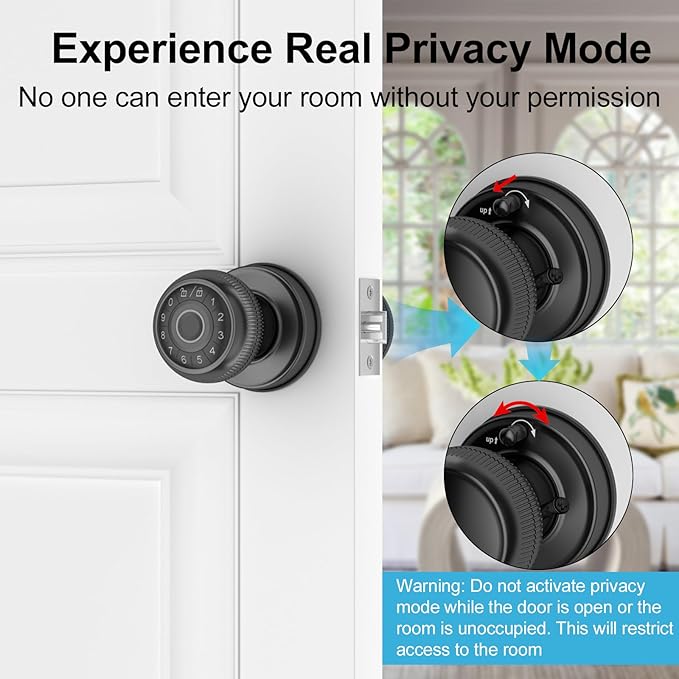 BIWIBON 4-in-1 Smart Door Knob, Fingerprint Door Knob with App Control, Smart Fingerprint Door Lock with Keypad, Real Privacy Mode, Auto Lock, Ideal for Home, Bedroom, Garages &Office, Black,1 Pack