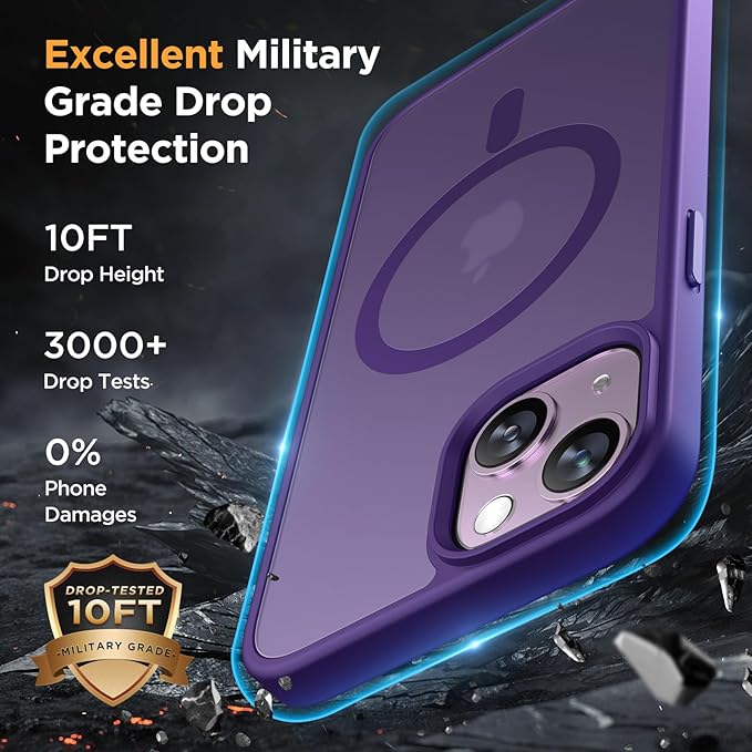 Miracase Magnetic for iPhone 15 Plus Case 6.7 inch (Compatible with MagSafe)（with 2X Screen Protectors） Military-Grade Protection, Anti-Fingerprint Translucent Matte Phone Cover, Dark Purple