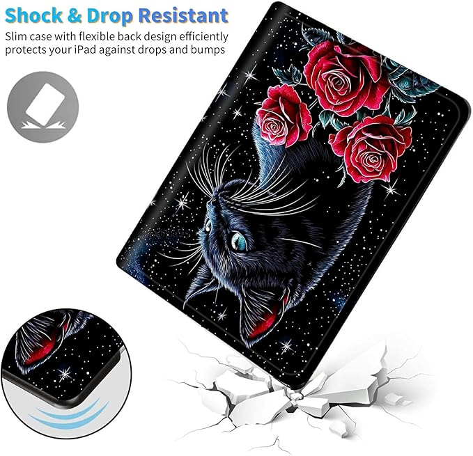 for 7" Kindle Paperwhite 12th Generation 2024/2025 & Kindle Colorsoft Signature Edition Tablet Case, Slim Kickstand Stand Leather Smart Cover with Auto Wake/Sleep, Red Rose Cat Black