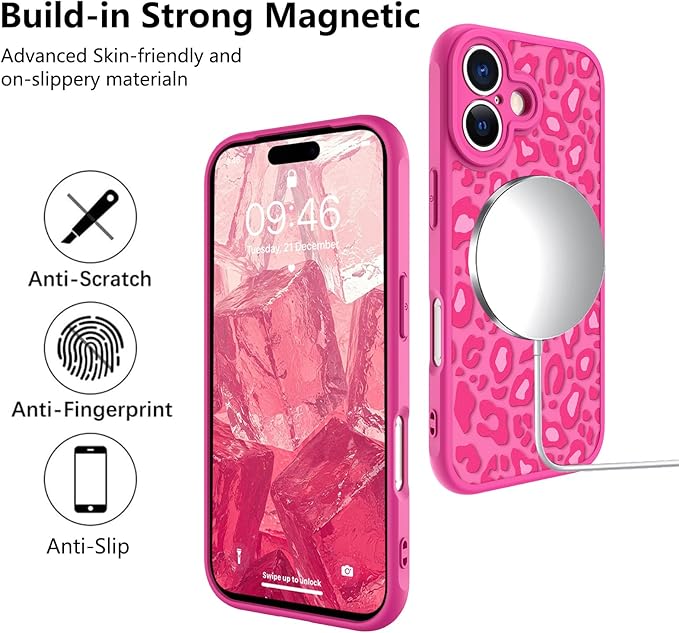 KANGHAR Case Compatible with iPhone 17 Hot Pink Leopard Printed Pattern [Compatible with Magsafe] Cute Cheetah Protective Magnetic Case for Girls Women 6.3"