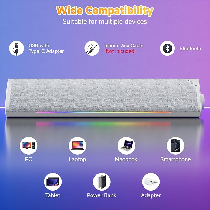 SOULION Computer Speakers, USB-Powered Bluetooth PC Soundbar with Dynamic RGB LED Lights, Surround Sound for Desktop, Laptop, Office, Work, Music & Gaming White (USB-C to USB Adapter Included)