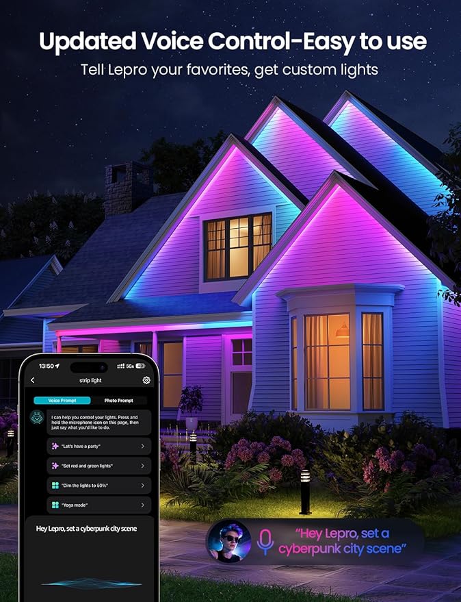 Lepro SW1 AI Smart Outdoor LED Strip Lights - 98.4ft IP65 Waterproof RGBCW Light Strips, 2700K-5700K Tunable Warm White, APP Control(No Remote), 2.4G Wi-Fi Lights for Holiday Decor, House, Porch, Eave
