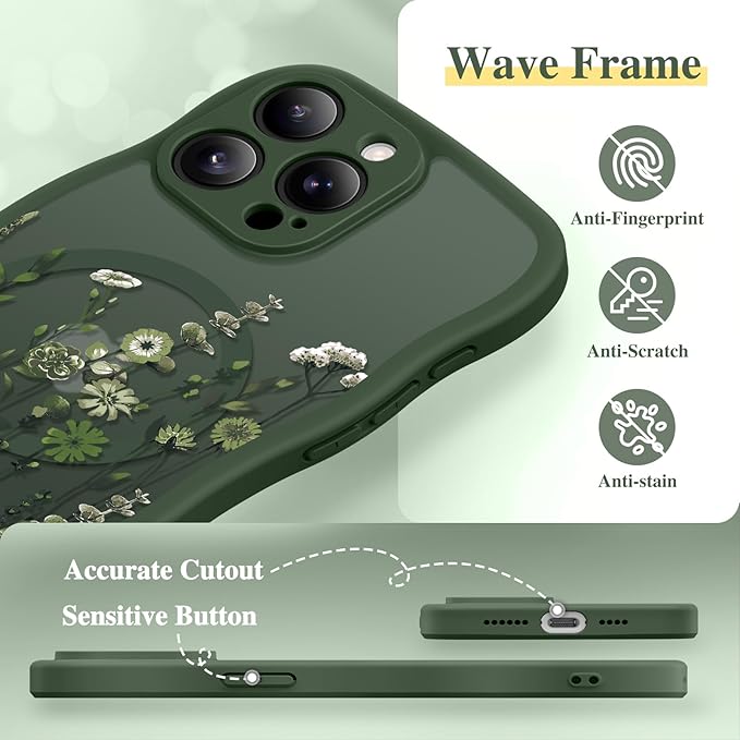 GVIEWIN for iPhone 15 Pro Max Case Compatible with MagSafe [Curly Wave Edge][Full Camera Protection]Floral Translucent Shockproof Magnetic Women Phone Case for 15 Pro Max 6.7'',Floratopia/Forest Green
