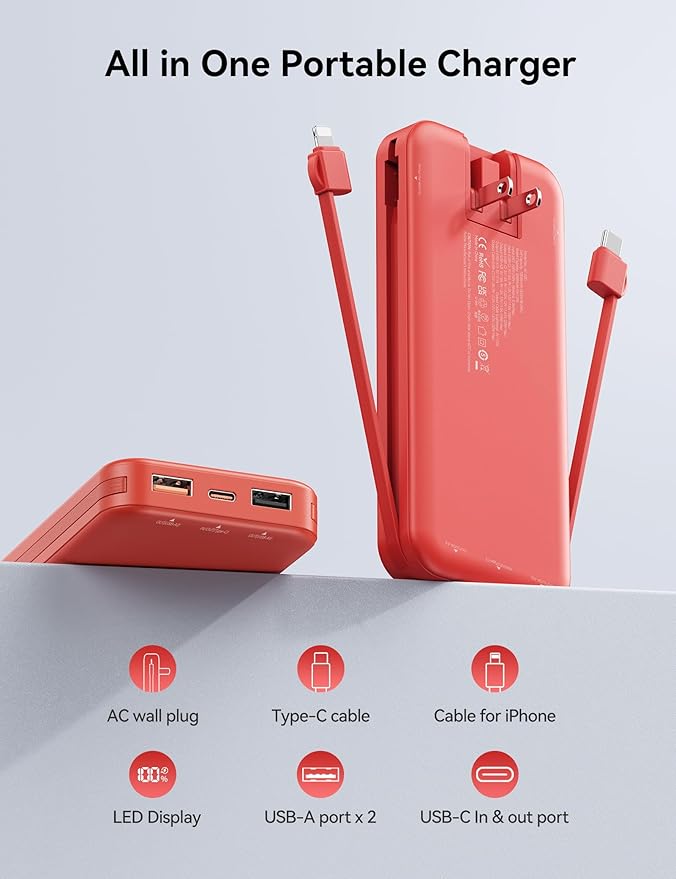 10000mAh Ultra-Portable-Charger-Power-Bank with Built in Cables&AC Wall Plug, PD20W USB-C Fast Charging Cell Phone Charger Battery Pack,LED Display Travel Battery Bank for All iPhone,Samsung,Android