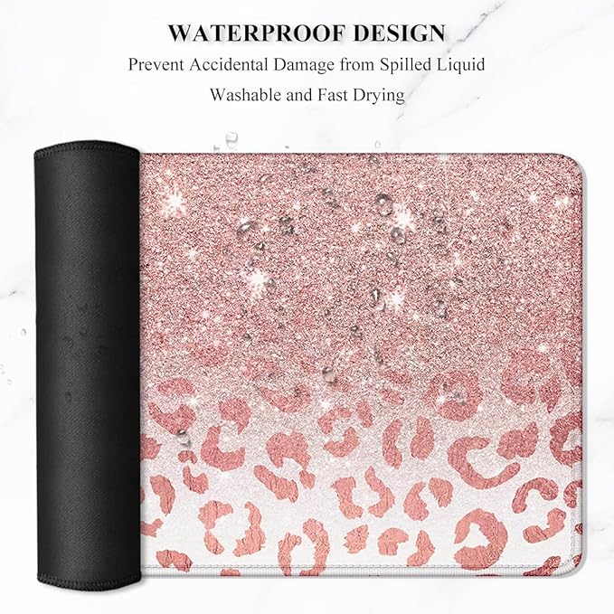 Auhoahsil Large Mouse Pad, XXL Desk Pad, Extened 35" x 15", Non-Slip Rubber Base, Stitched Edges, Superior Surface, Waterproof Keyboard Mat, Large Mousepad for Gamer, Office & Home, Pink Gold Leopard