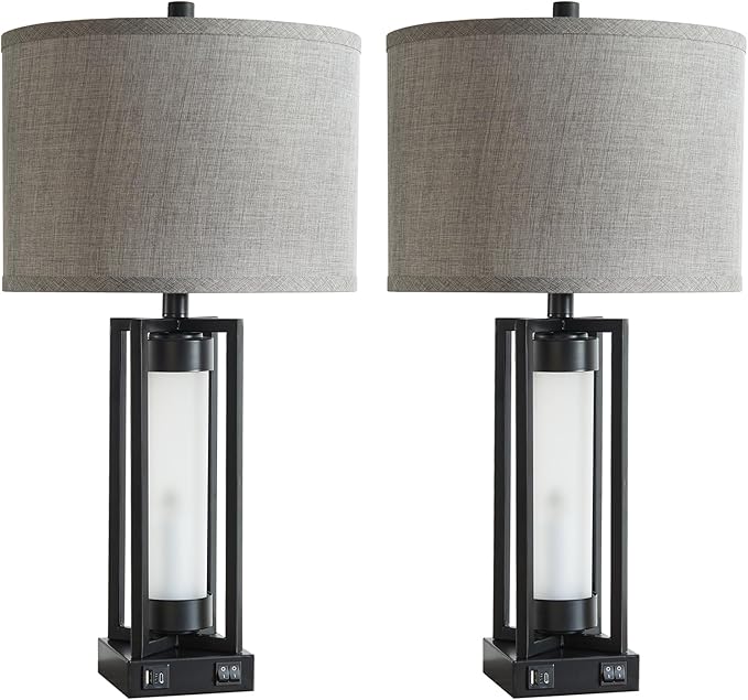Set of 2 Modern Table Lamps for Living Room with USB C+A Ports, Rustic Nightstand Lamp with White Night Light, Retro Desk Lamp for Bedroom End Table Entryway, 4 Bulb Included (Black)