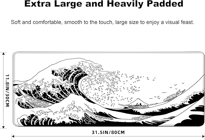 Gaming Mouse Pad for Desk,Large Mousepad Laptop,Black White Japanese Wave Anime Mouse Mat,Long XXL Waterproof Keyboard Pads,Big Non-Slip Computer Mousepads for Game Office Home（31.5 x 11.9 in）