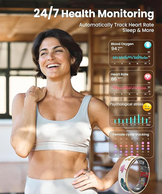 Smart Ring for Women,Fitness Tracker with Heart Rate,Blood Oxygen,Menstrual Cycle,Sleep Monitoring,Step Counting,IP68 Waterproof for iOS and Android,No Subscription Fee (7#)