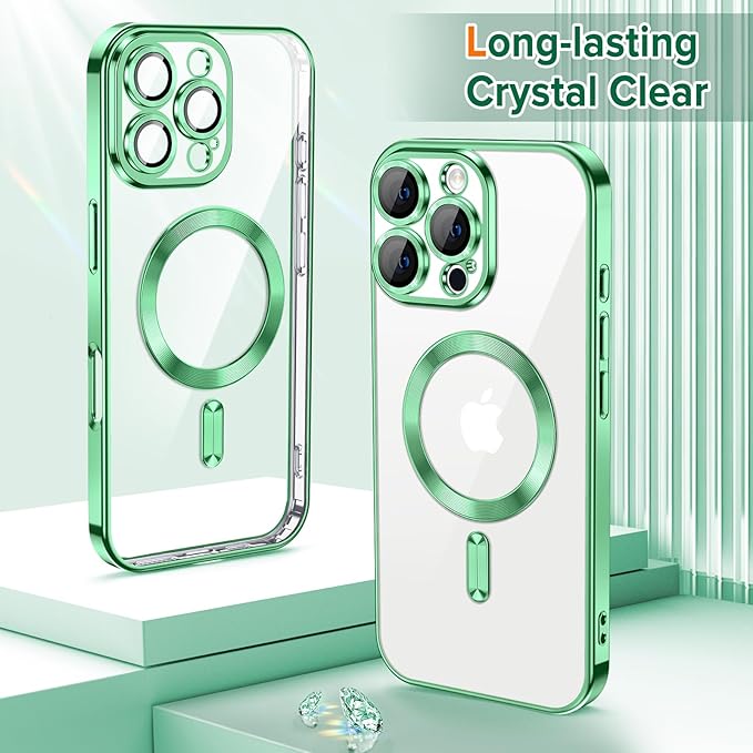 Hython Magnetic Clear for iPhone 16 Pro Case with Camera Lens Protector [Compatible with MagSafe] Luxury Plating Edge Slim Soft TPU Cover Protective Phone Case for iPhone 16 Pro 6.3", Light Green