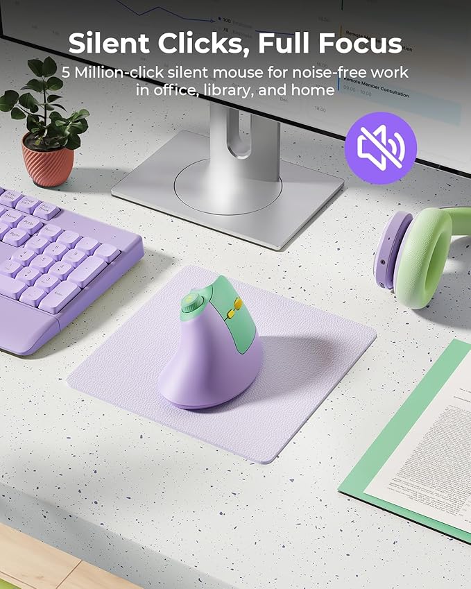 seenda Ergonomic Mouse Wireless, MOU-302 Bluetooth Vertical Mouse Rechargeable, Volume Knob, Silent Mice & 1000/1600/2400 DPI, 3 Multi-Device Connection for Windows/PC/Laptop/Mac/MacBook, Purple