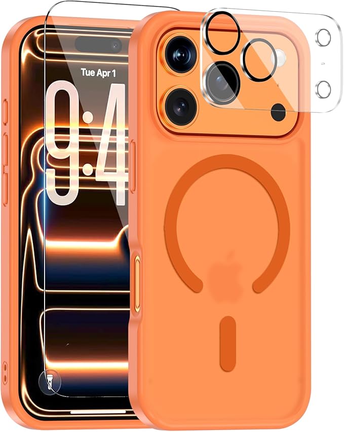 for iPhone 17 Pro Max Case Compatible with MagSafe,Includes Tempered Glass Screen & Lens Protectors,Matte Translucent Anti-Fingerprint,Military-Grade Shockproof Orange Cover