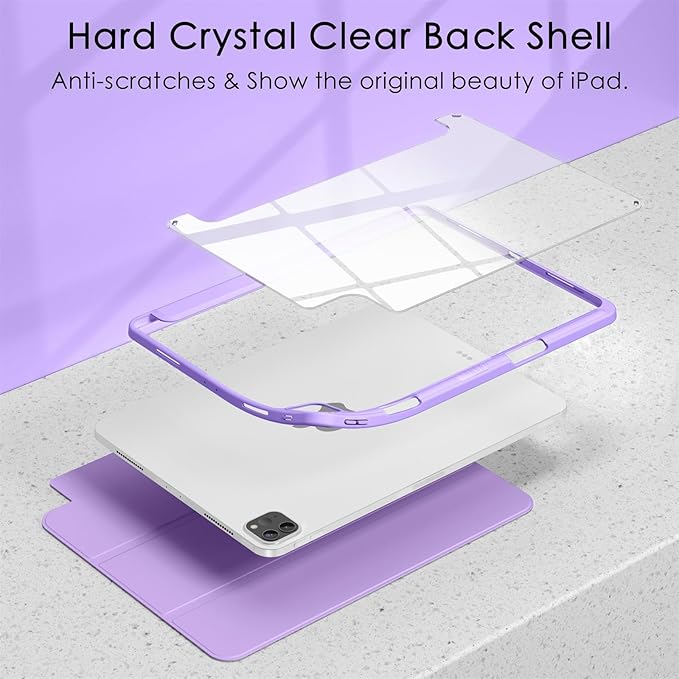 Soke Case for iPad Pro 12.9 Inch (6th/5th/4th/3rd Generation, 2022/2021/2020/2018) - Pencil Holder + Auto Sleep/Wake + Camera Protection, Transparent Shockproof Back Cover, Clove Purple