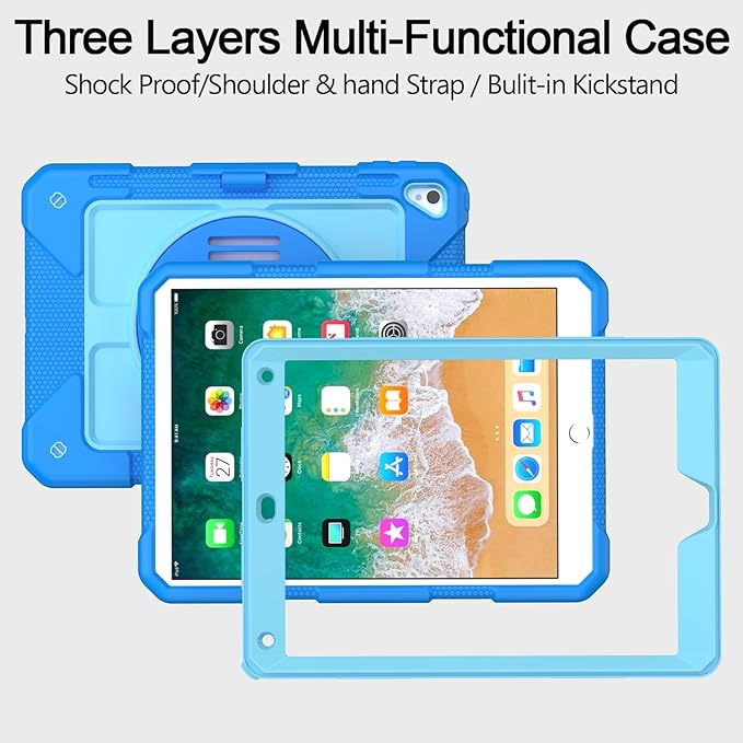MENZO Shockproof Case for iPad 5th Gen/6th Gen/Air 2/Pro 9.7-inch with 360° Swivel Stand, Pencil Holder, Detachable Hand and Shoulder Strap, Blue+Baby Blue