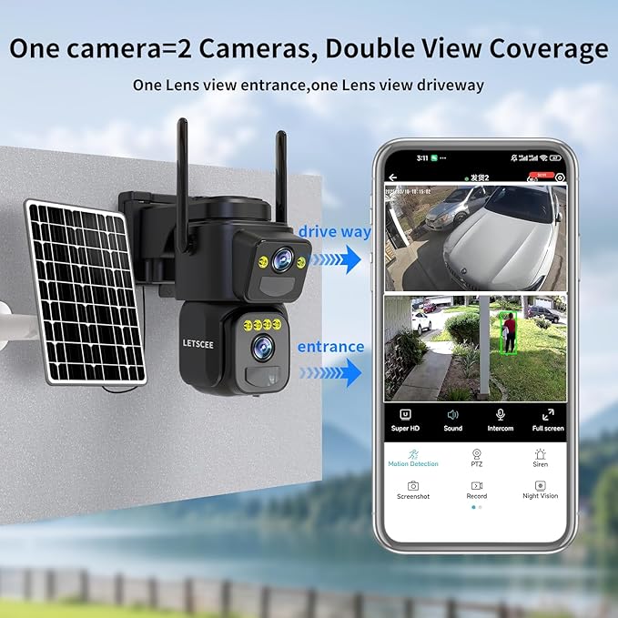 LETSCEE Security Cameras Outdoor WiFi,5G/2.4G Cameras for Home Security Solar Power with Dual Lens,Motion Detection,Night Vision,2-Way Audio,Weather Proof,No Subscription Fee