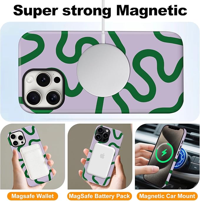 Magnetic for iPhone 13 Pro Max Case Cute Curved Stripes Phone Case, Shockproof Slim TPU and Hard PC Protective Phone Cover Compatible with MagSafe Designed for Women Girls,Green
