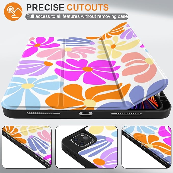 DONGKE Case for 2022/2021/2020/2018 iPad Pro 11 inch Gen 4/3/2/1 - Slim Protective Case - Built in Pencil Holder Support Charging - Trifold Stand & Sleep/Wake Cover - Retro Flowers