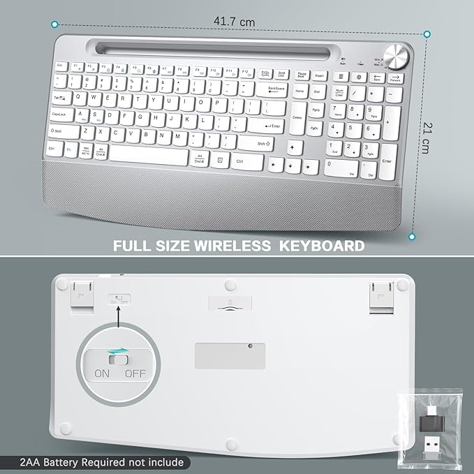 GAMCATZ Ergonomic Wireless Keyboard with Wrist Rest-Low-Profile,Phone/Tablet Holder,Quiet Design，Windows & Mac OS，Full Size Cordless USB Computer Keyboard for Desktop,Laptop, PC, Mac, Windows-White