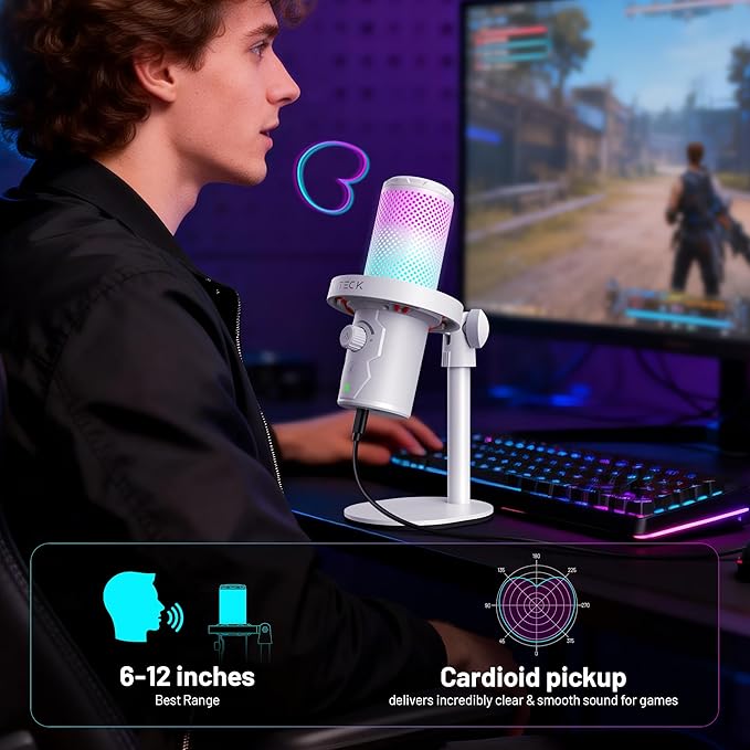CMTECK USB Microphone for PC Gaming, Condenser Gaming Microphone with Quick Mute, RGB Indicator, Plug and Play, Desk Podcast Mic for Studio Recording, YouTube, Streaming, Compatible with PS4/5/PC