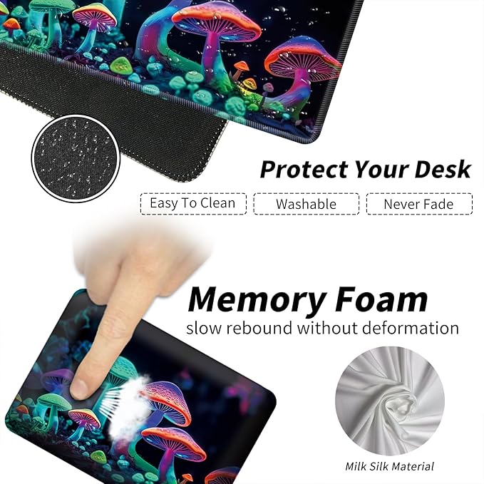 Wrist Elbow Support Arm Rest Desk Mouse Pad Set,Large Mouse Pad + 2 Elbow Rest Pad + Coaster,(31.5×11.8 in) Ergonomic Memory Foam for Office,Gaming,Computer,Laptop-Colorful Mushrooms