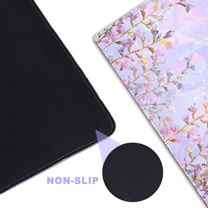 ARTSO Large Gaming Mouse Pad with Stitched Edges, XXL Extended Keyboard Mat Long Mousepad Desk Decor Writing Pad 35.1x15.7 in, Non-Slip Base for Work, Game, Office, Home, Pink Purple Plant