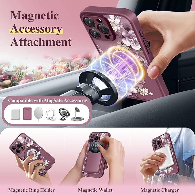 GVIEWIN for iPhone 16 Pro Max Case Compatible with MagSafe, [Military Grade Protection] [Screen Protector] Full Camera Protection Floral Translucent Women Magnetic Phone Case, Cherry Blossoms/Burgundy