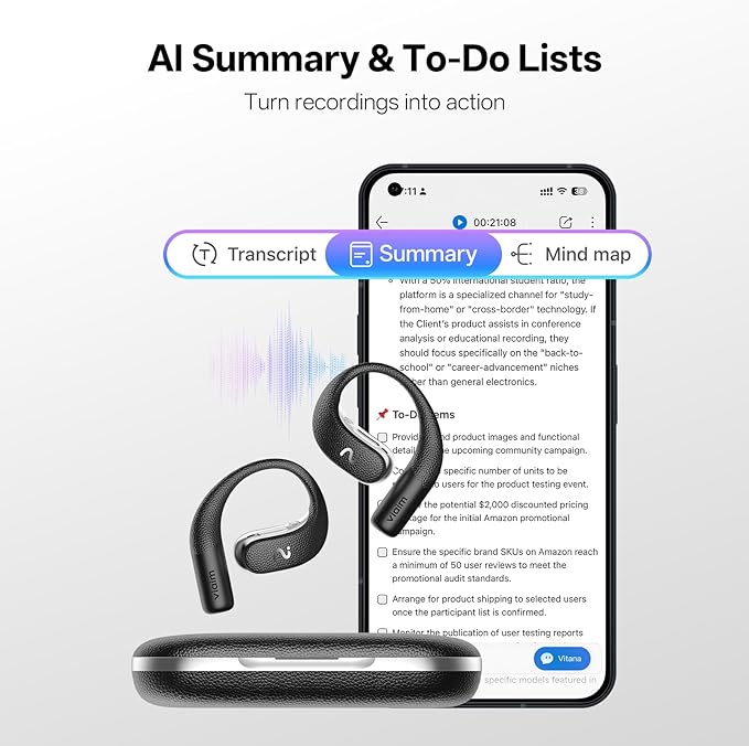 OpenNote Professional AI Note Taker Earbuds, MFi Certified Open-Ear Voice Recorder, 53H Battery, Instant Call & Meeting Recording, Live Transcription & AI Summary, IP55, Black