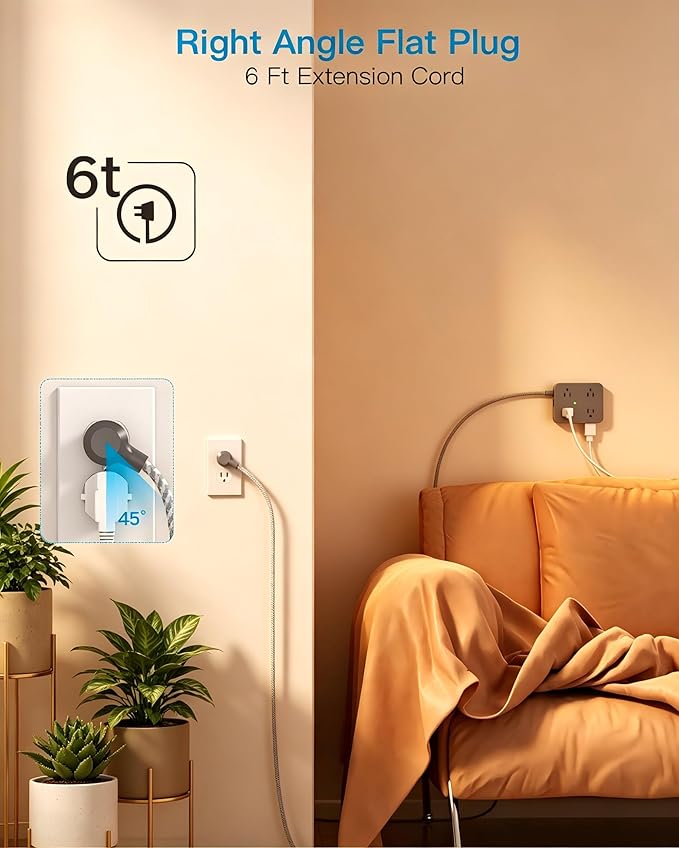 HANYCONY 6 Ft Surge Protector Power Strip with USB C, Extension Cord with 8 Outlets 4 USB Ports(2 USB C), Flat Plug, Wall Mount, 3 Side Outlet Extender for Home Dorm Room Essentials, ETL Listed