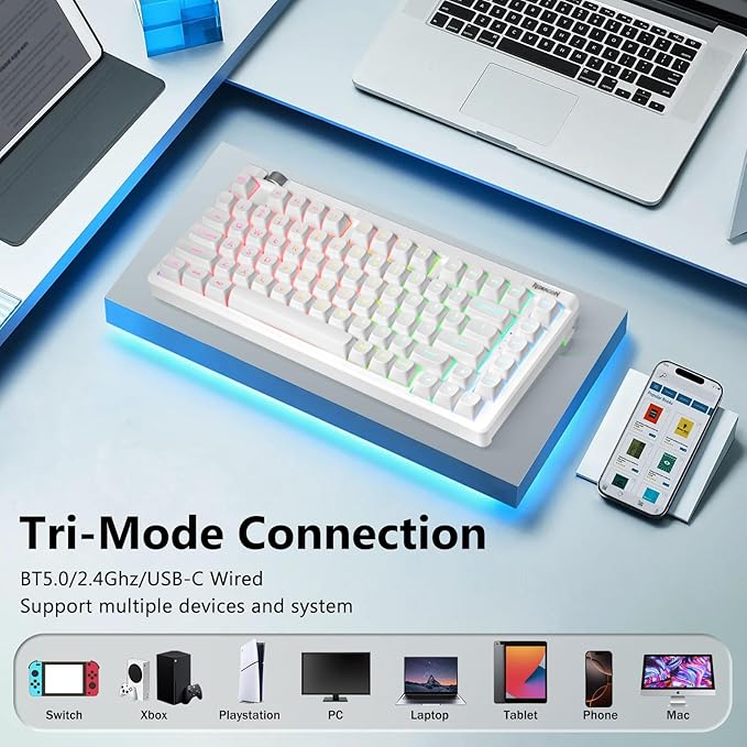 Redragon Wireless Mechanical Keyboard Creamy, Bluetooth/2.4GHz/USB-C Wired, 75% Hot Swappable Custom Gaming Keyboard with Knob, RGB Backlit, Pre-lubed Linear Switches, PBT Keycaps, White