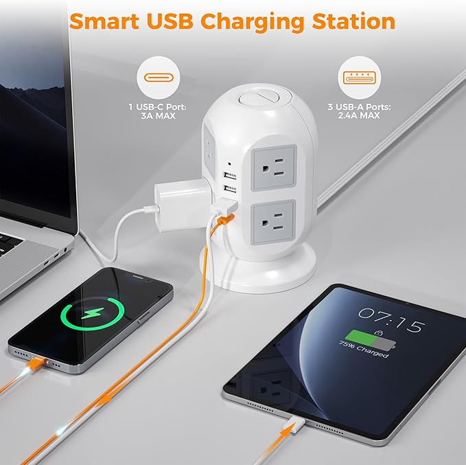 TESSAN Tower Surge Protector Power Strip 15 ft, Long Flat Extension Cord with Multiple Outlets, 8 AC Outlets with 4 USB Ports (1 USB C), Charging Station with Surge Protection, for Home Office Dorm