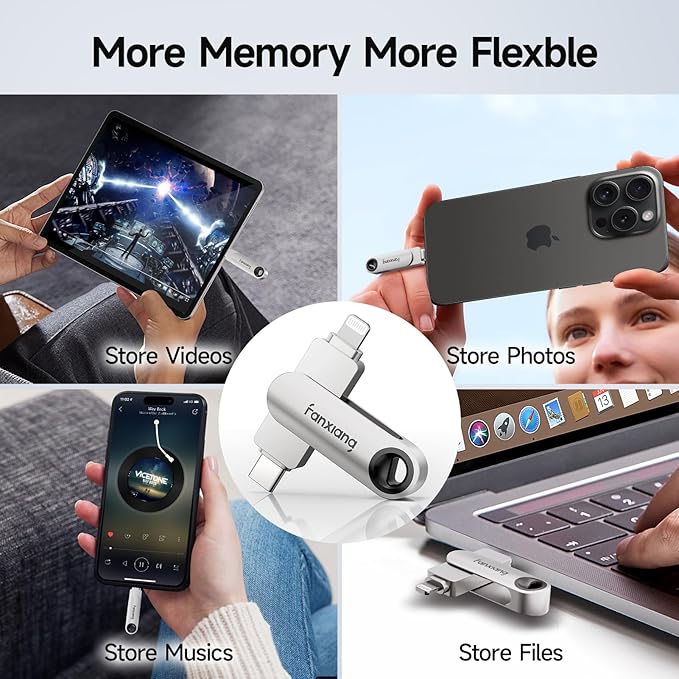 fanxiang 128GB Flash Drive for iPhone/iPad, 2-in-1 Photo Stick USB Memory Stick Thumb Drive, External Storage for Photos, Music, Videos- Compatible with Lightning/USB Type-C, MFi Certified