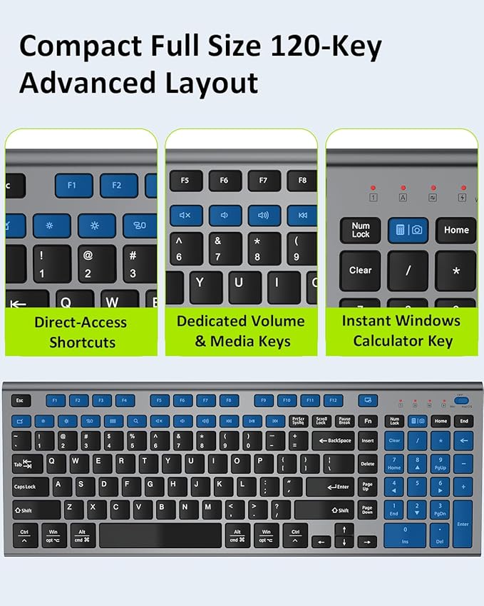 FENIFOX Wireless Silent Keyboard, Ultra Quiet USB C Low Profile Compact Full Size with Number Pad Flat Slim Thin Soft Touch for Mac Computer MacBook iMac PC Laptop Desktop Office (Black and Grey)