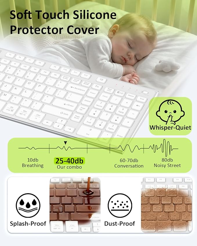FENIFOX Wireless Silent Keyboard, Ultra Quiet USB C Low Profile Compact Full Size with Number Pad Flat Slim Thin Soft Touch for Mac Computer MacBook iMac PC Laptop Desktop Office (White and Silver)
