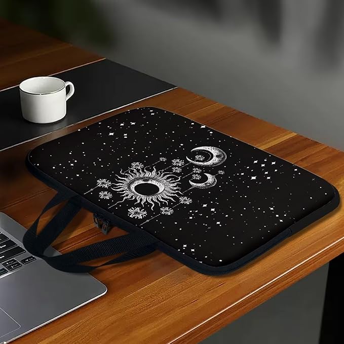 Sun Moon Stars Laptop Sleeve Case for Women Protective Soft Padded Zipper Cover Carrying Computer Bag Compatible with 12 Inch Notebook Chromebook Tablet, Galaxy Space, Black
