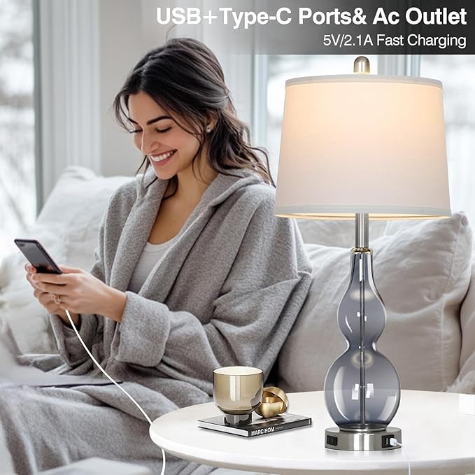 Rinweey 27.5" Gray Clear Glass Table Lamp Set of 2,3-Way Dimmable Touch Control Bedside Lamps with USB Ports and AC Outlet, Modern Nightstand Lamps for Bedroom Living Room
