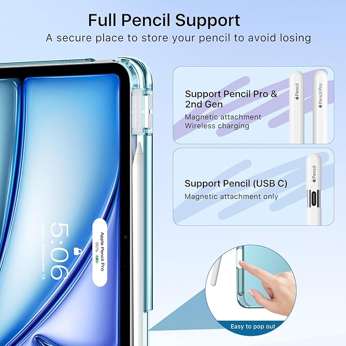 MoKo for iPad Air 11 inch Case (M4/M3/M2) 2026/2025/2024, iPad Air 5th/4th Gen 10.9 inch Case 2022/2020 with Pencil Holder, Slim Light Trifold Cover with Hard PC Translucent Back Shell, Misty Blue