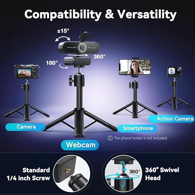EMEET C60E 4K Webcam with Tripod, Streaming Camera with PDAF Autofocus, Dual Microphones, Auto Light Correction, 73° FOV, Plug & Play USB Webcam for Live Streaming, Gaming & Real-Time Interaction