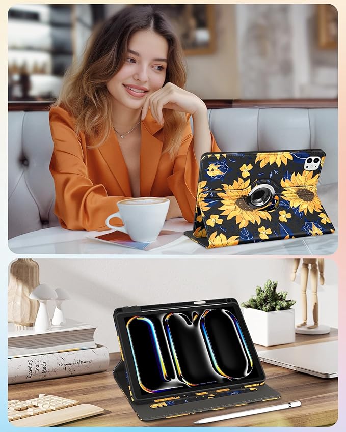 Kidcube for iPad Pro 11 Inch Case M4 2024 5th Generation - Women Girls Cute Rotating Stand Folio Cover with Pencil Holder & Card Slot Kawaii Sunflower Design for iPad Pro 11'' Case 2024 M4 5th Gen