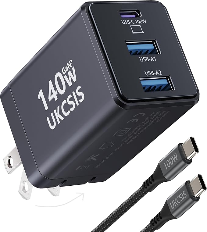 140W USB C Laptop Charger Block, Foldable 3-Port GaN Fast Charger, Type C Charging Block, Fast Charging Adapter for MacBook Pro/Air, iPad, iPhone, Samsung Galaxy (Grey)