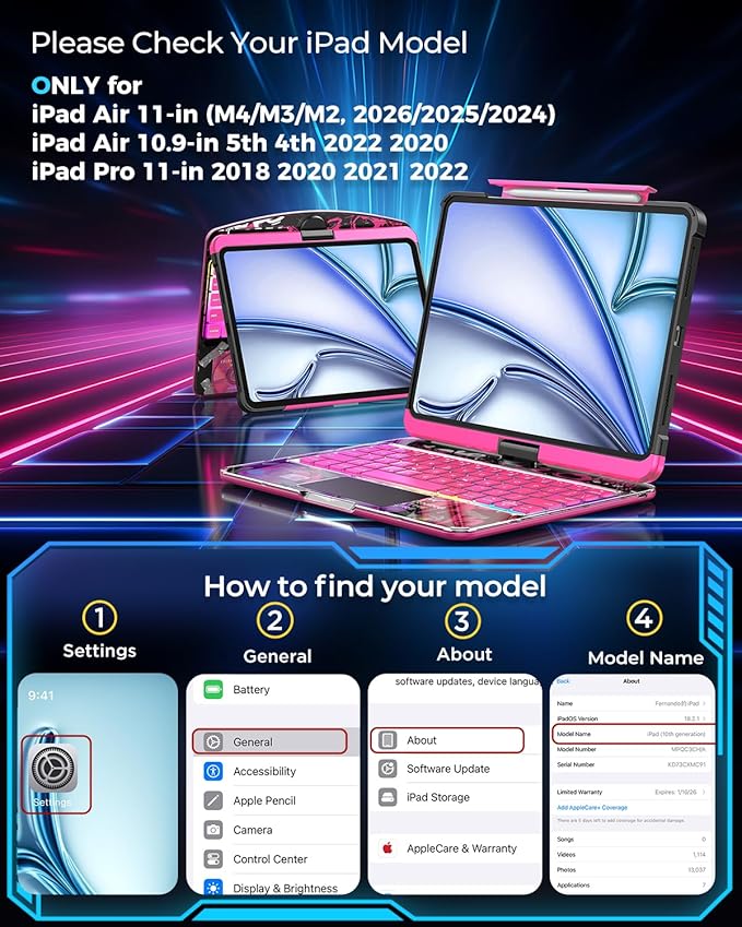 SIBEITU Clear Wireless Keyboard Case for iPad Air 11-inch (M4 2026/M3 2025/M2 2024) & iPad Pro 11-inch 4th 3rd 2nd 1st Gen, 7Color Backlit with Multi-Touch Trackpad for 10.9" iPad Air 5/4th Gen, Pink