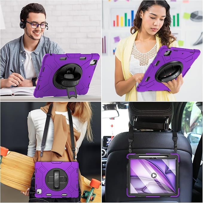 Case for iPad Air 13 Inch M4/M3/M2 (2026/2025/2024): Silicone Shockproof Case with Screen Protector - Stand - Handle - Shoulder Strap - Pen Holder- Purple