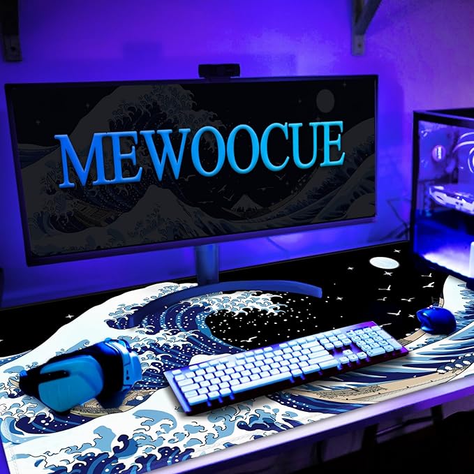 Gaming Laptop Mouse Pad,Sea Wave Big Mice Pads PC Keyboard Waterproof and Non-Slip 47.2" x 23.6" 0.15" Thick XL,XXL Rubber Table Mat, Kanagawa Surfing and Black Japanese Mouse Pads