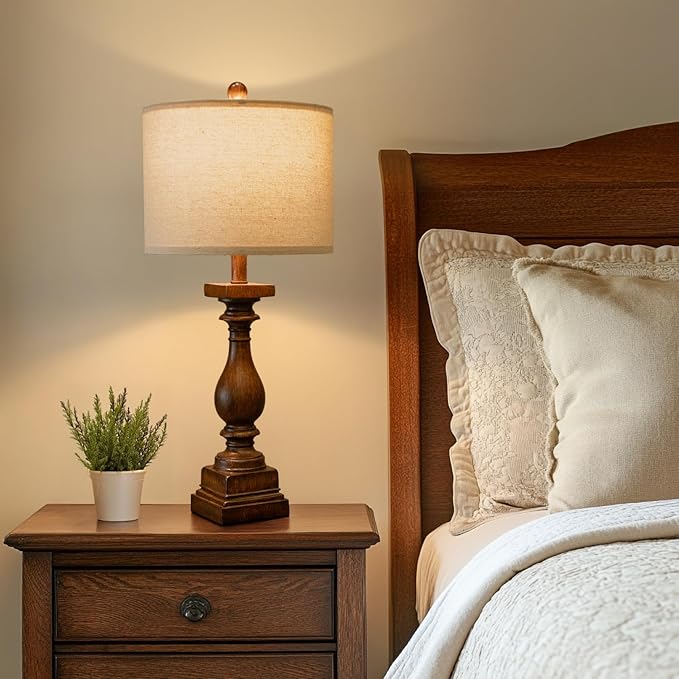 BOBOMOMO 27" Farmhouse Living Room Lamps with USB-A +C Ports, Vintage Rustic Bedside Night Stand Lamps Set of 2, Linen Shade, Retro Side Table Lamps for Living Room, Bedroom (Blubs not Included)