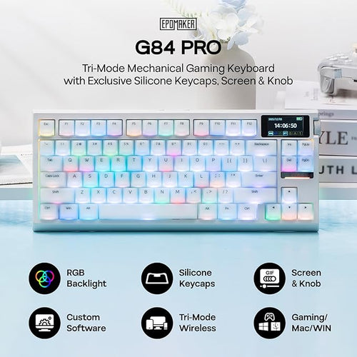 EPOMAKER G84 PRO Wireless Gaming Keyboard with Screen&Knob, 75% Creamy Mechanical Keyboard, 8000mAh, Hot Swappable, Silicone Keycaps, BT5.0/2.4G/USB-C Mode, NKRO, RGB (White, Creamy Jade Switch)
